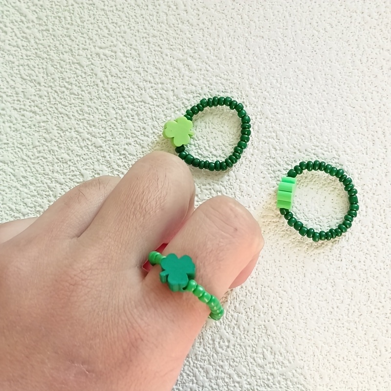 3pcs Green Clover Ring Set Adjustable Ring